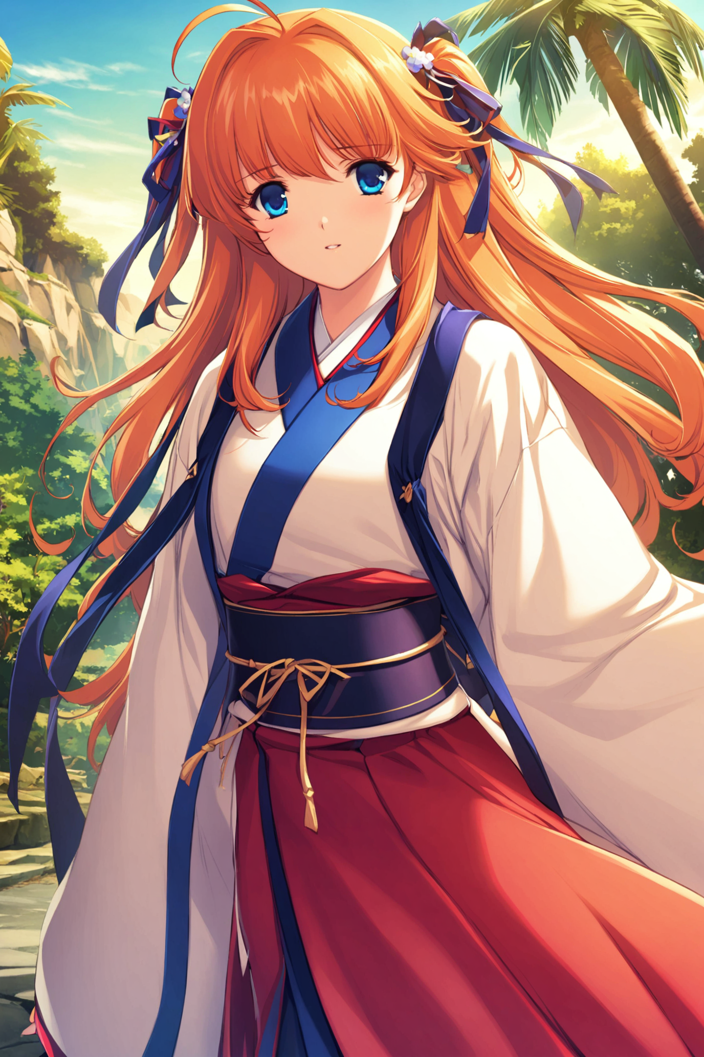 30165-3540687015-1girl, solo, blue eyes, orange hair, long hair, ahoge, day, tree, ribbon, hair ribbon, sky, hair ornament, palm tree, japanese c.png